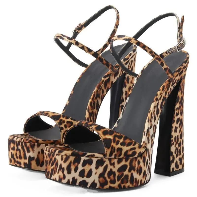 Amozae-2024 Women's Sexy Leopard Print Thick High Heel Thick Sole Sandals European and American Fashion Thick Sole Buckle Banquet Shoes