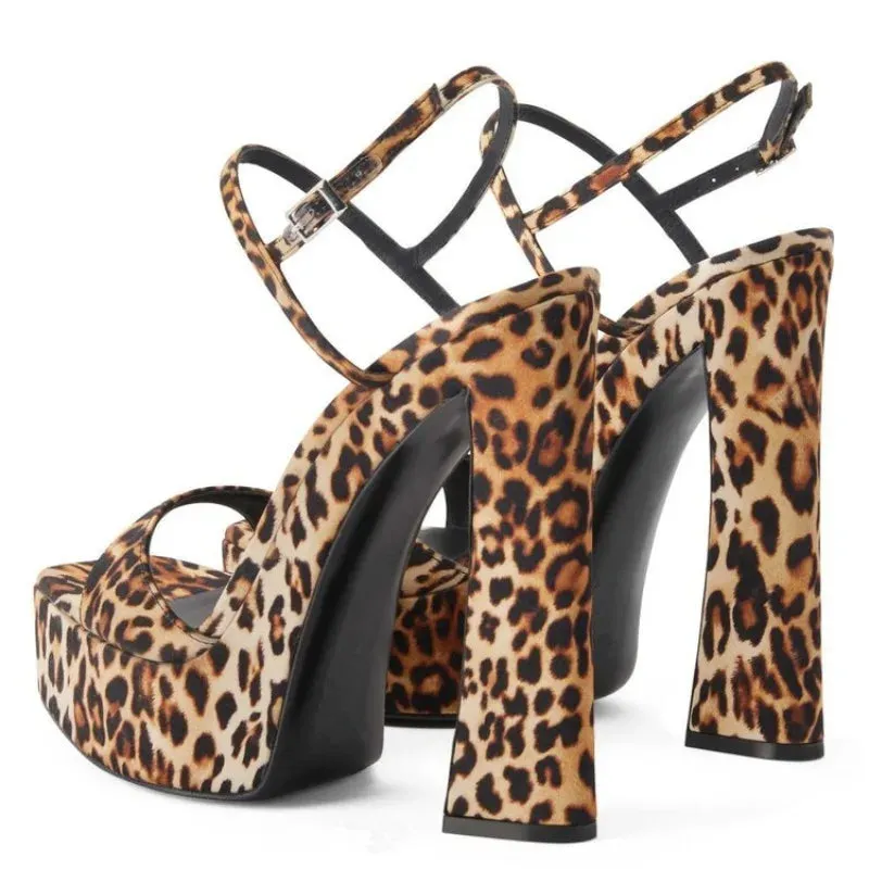 Amozae-2024 Women's Sexy Leopard Print Thick High Heel Thick Sole Sandals European and American Fashion Thick Sole Buckle Banquet Shoes