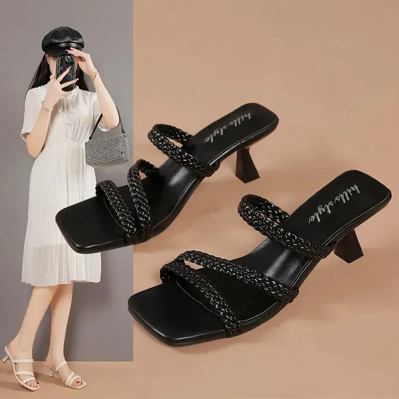 Amozae-Women's Mules with Heels Wedding Slippers Guests Women Sandals Summer 2024 Elegant Braided Slides Ladies Shoes on Sale Female