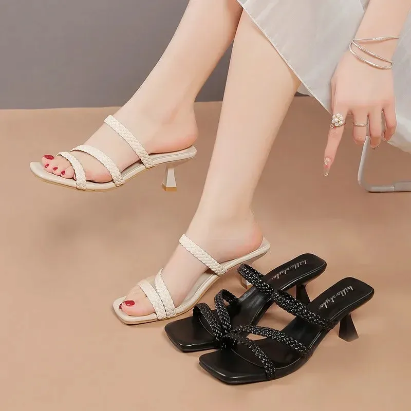 Amozae-Women's Mules with Heels Wedding Slippers Guests Women Sandals Summer 2024 Elegant Braided Slides Ladies Shoes on Sale Female