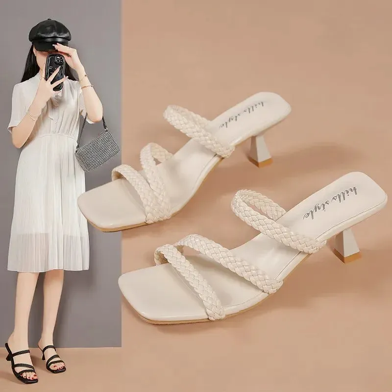 Amozae-Women's Mules with Heels Wedding Slippers Guests Women Sandals Summer 2024 Elegant Braided Slides Ladies Shoes on Sale Female