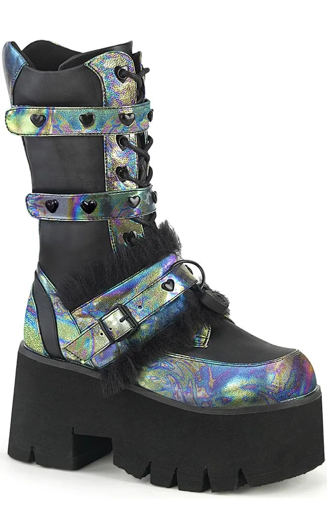 ASHES-120 Black & Green Multi Oil Slick Platform Boots