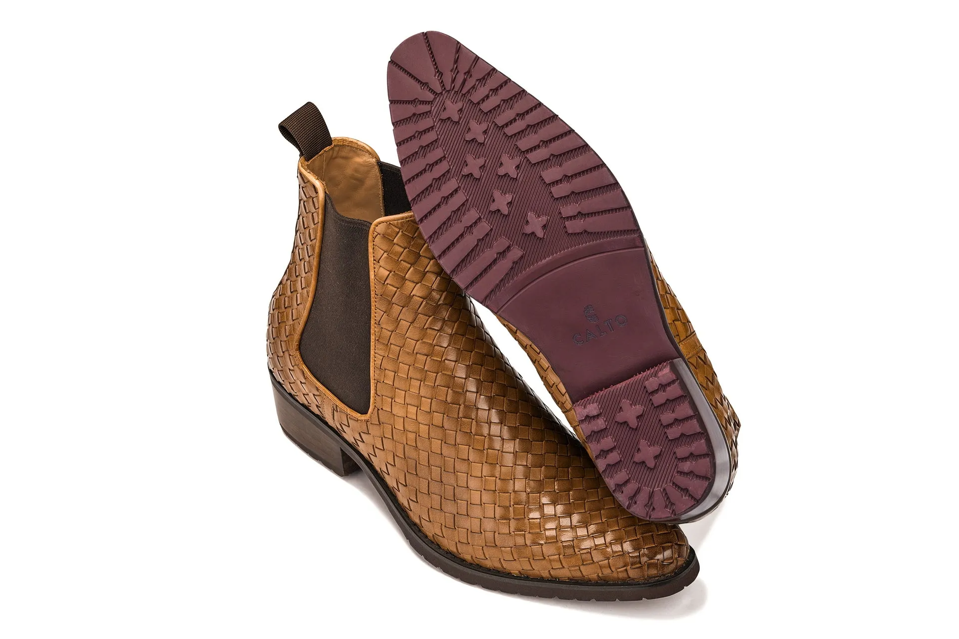 CALTO - K30522 - 3.3 Inches Taller (Brown) - Woven Chelsea High-Top Slip-On Ankle Boots