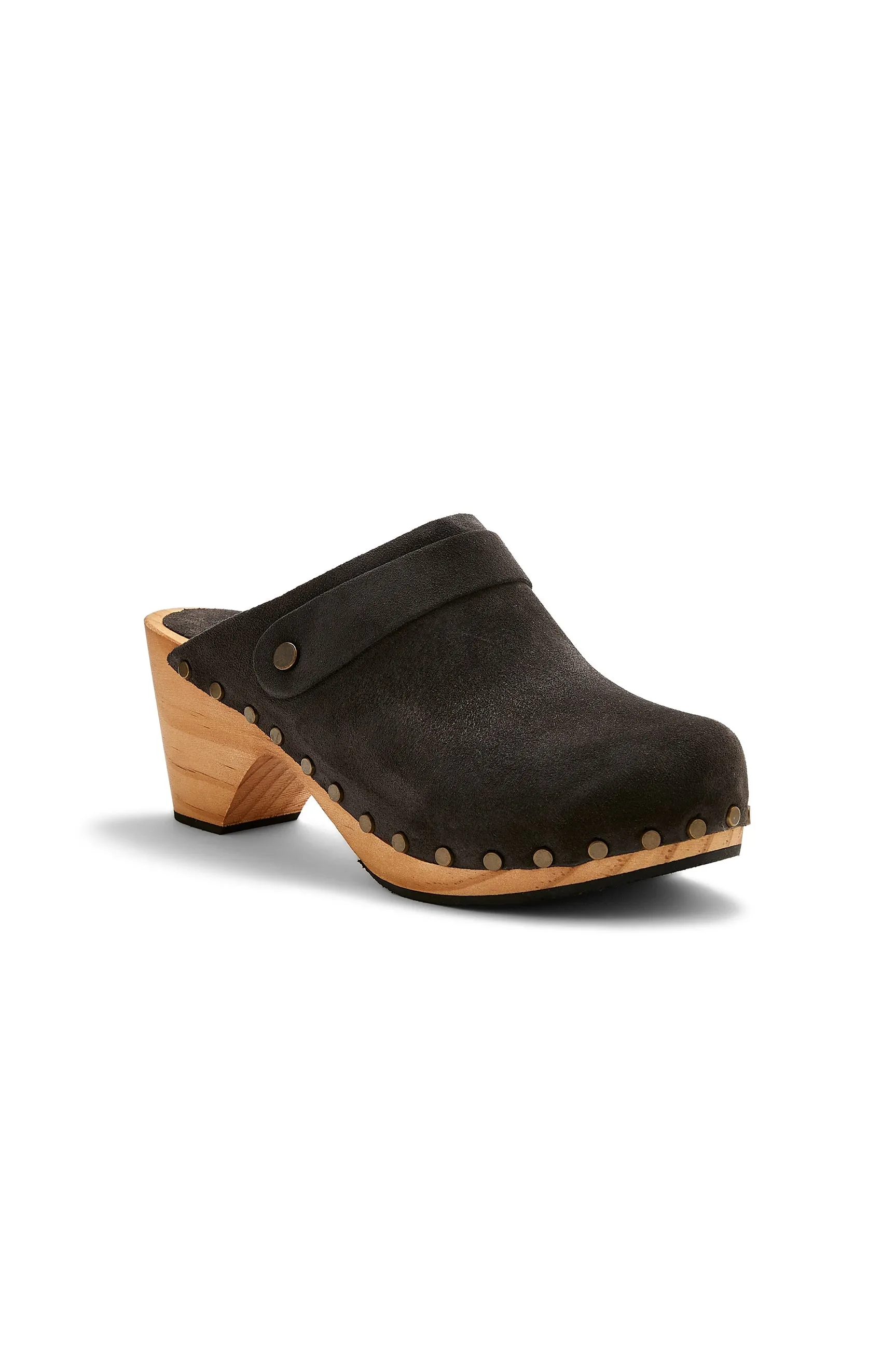 classic high heel clog in coal suede