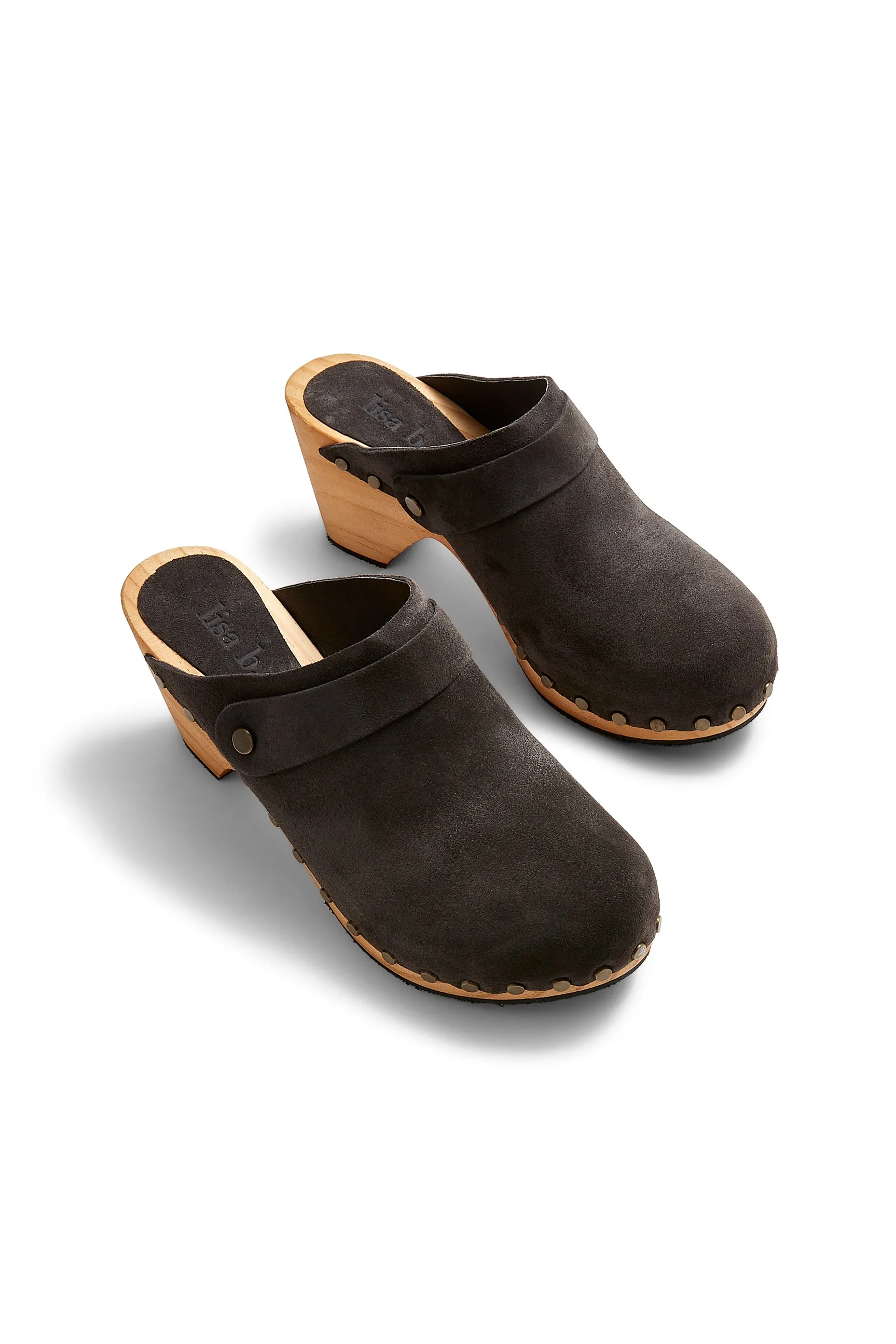 classic high heel clog in coal suede