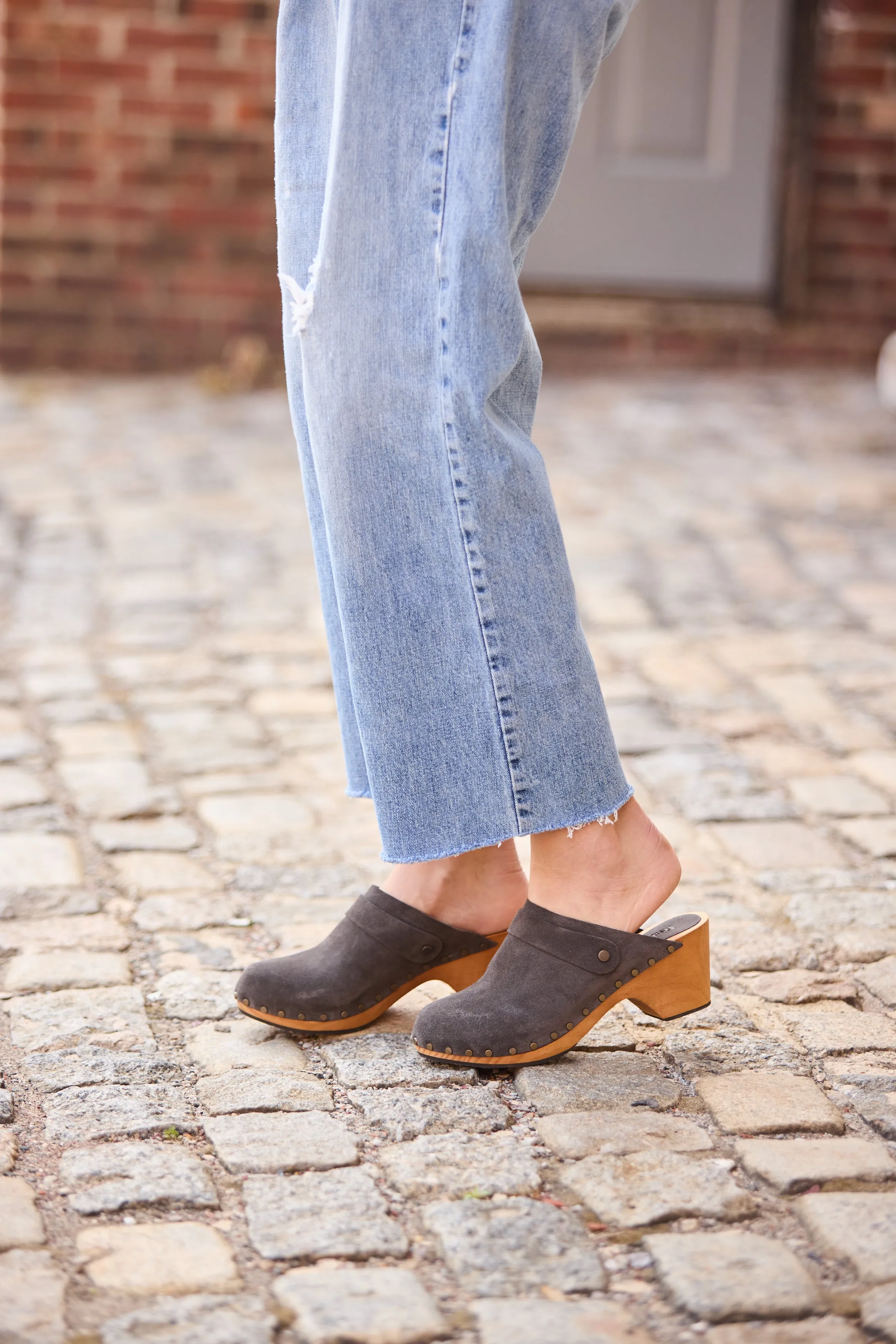 classic high heel clog in coal suede