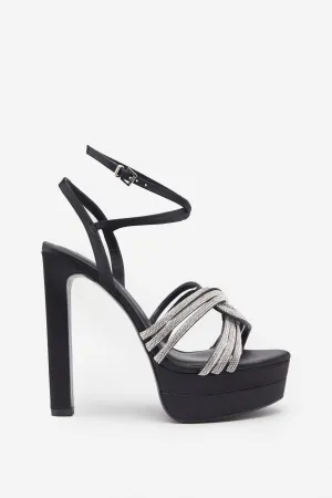 Doll Drama | Black Satin Diamante Strappy Platform Heels