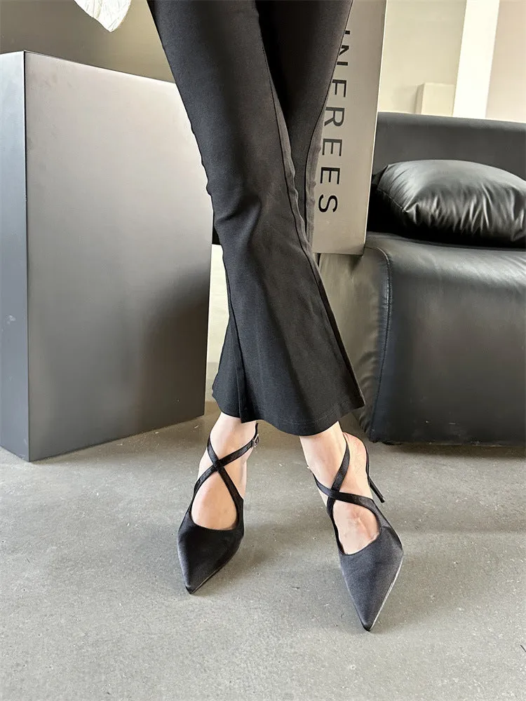 Elegant Pointed Toe Spring And Summer Light Satin Sandals Cross Strap Kitten Women's High Heels