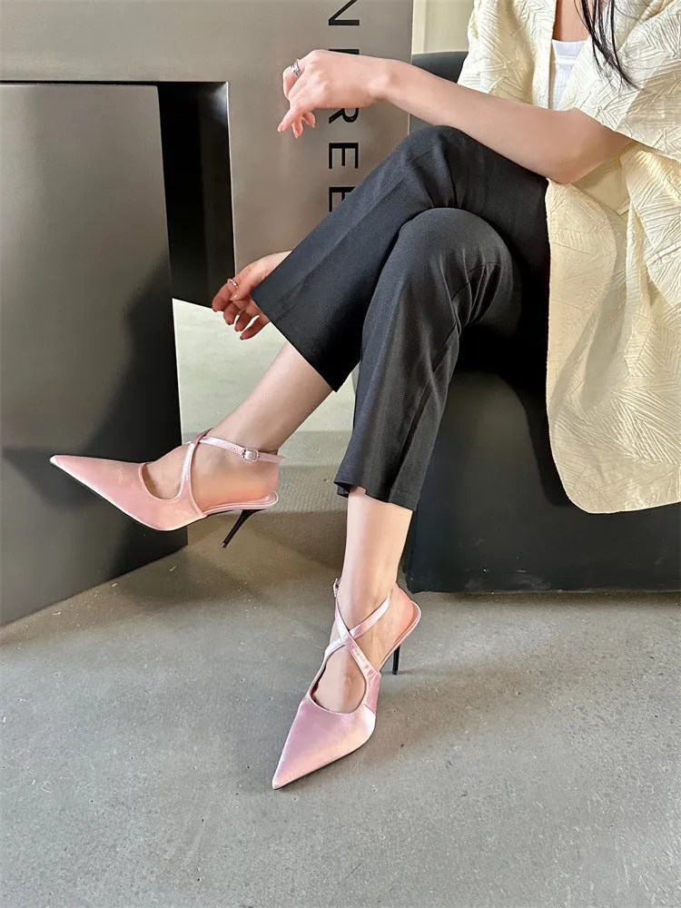 Elegant Pointed Toe Spring And Summer Light Satin Sandals Cross Strap Kitten Women's High Heels