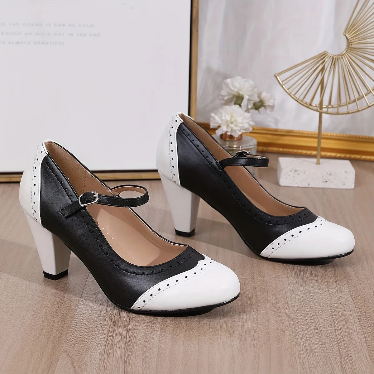 Elegant Two-Tone Mary-Jane Pumps: Comfortable Kitten Heels with Unique Embroidery, Perfect for Any Season & Occasion