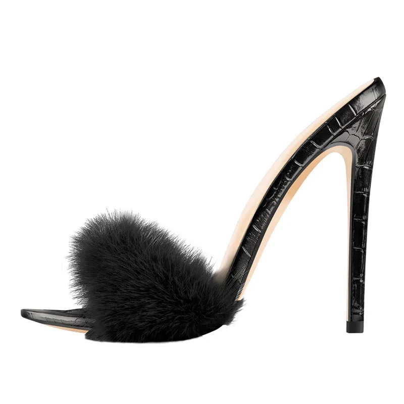 Fancy Fashion Fur Strap High Heel Stilettos