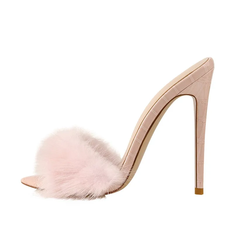 Fancy Fashion Fur Strap High Heel Stilettos