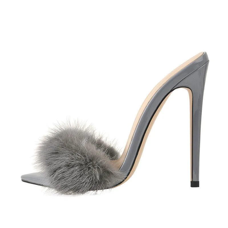 Fancy Fashion Fur Strap High Heel Stilettos