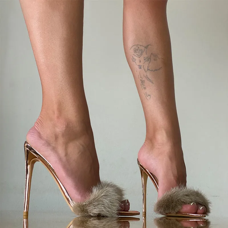 Fancy Fashion Fur Strap High Heel Stilettos