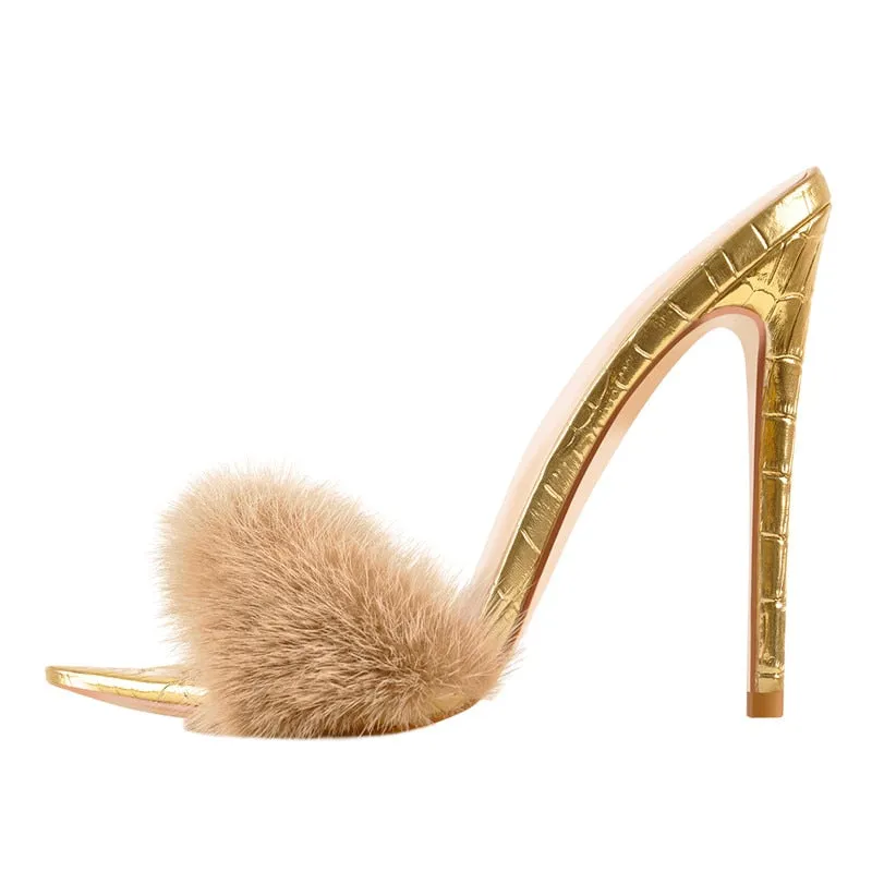 Fancy Fashion Fur Strap High Heel Stilettos