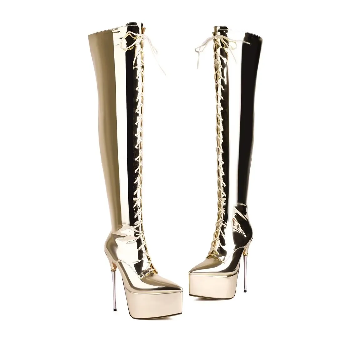 FemmeTower Smooth High-Heel Lace-Up Boots