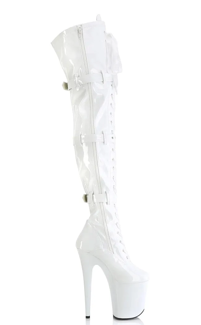 FLAMINGO-3028 White Patent Thigh High Boots