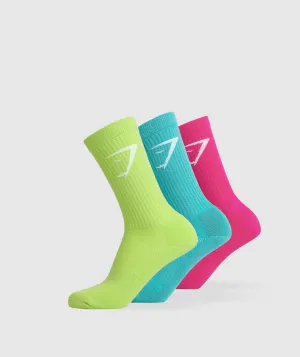 Gymshark Crew Socks 3pk - Citrus Green/Capri Blue/Bold Magenta