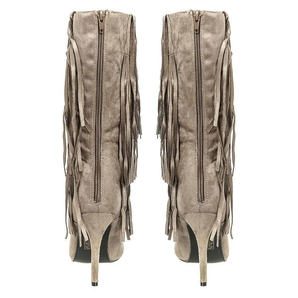 High Stiletto Heel Pointed Toe Calf Length Boot with Fringe Trim