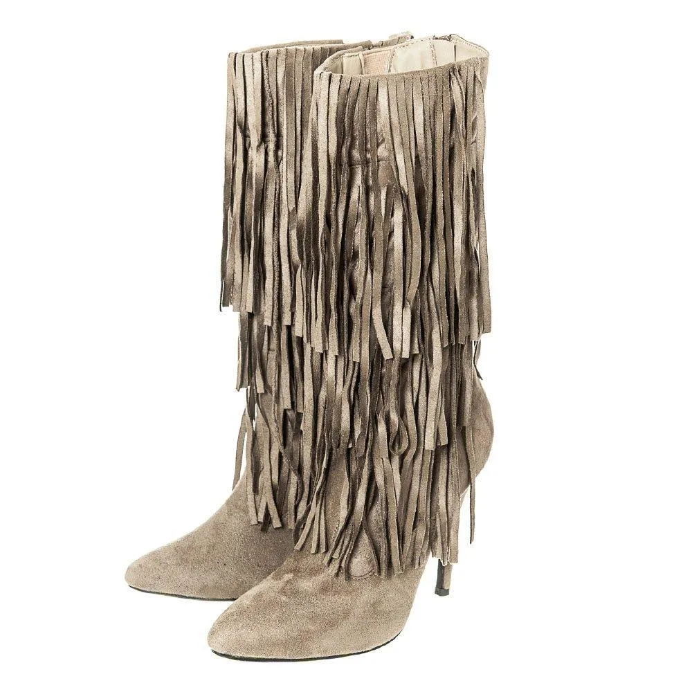 High Stiletto Heel Pointed Toe Calf Length Boot with Fringe Trim