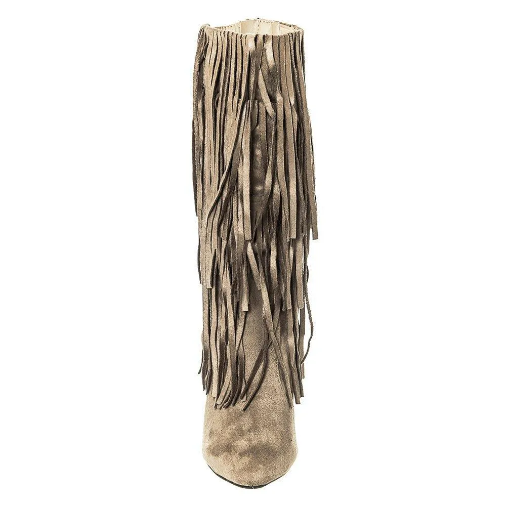 High Stiletto Heel Pointed Toe Calf Length Boot with Fringe Trim