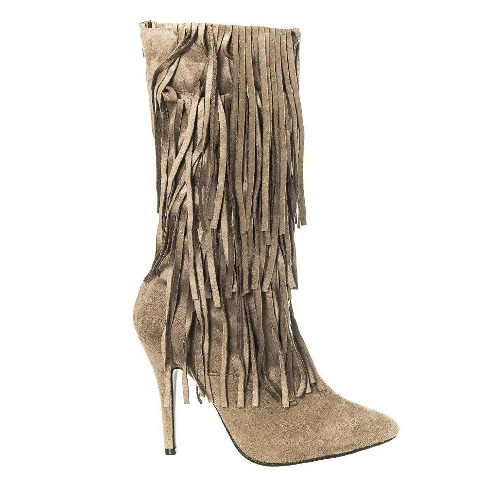 High Stiletto Heel Pointed Toe Calf Length Boot with Fringe Trim