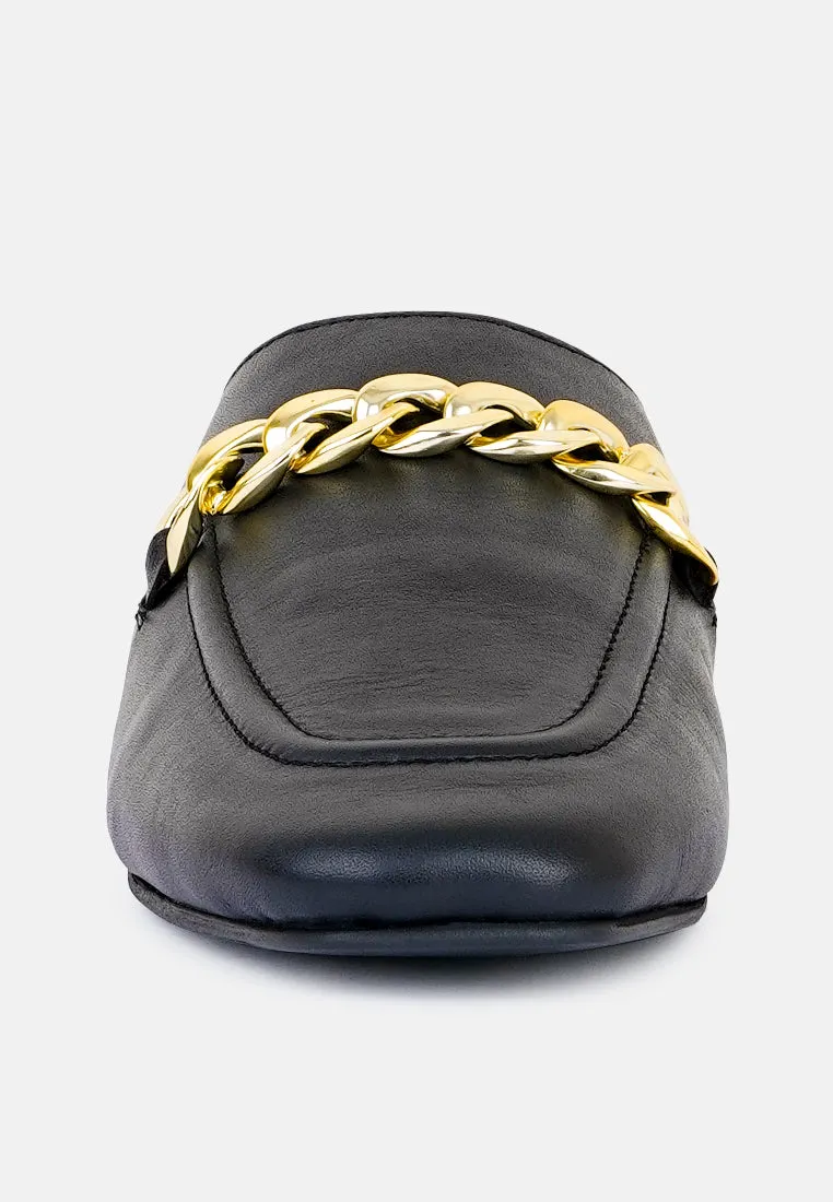 Honey Leather Chain Detail Mules in Black