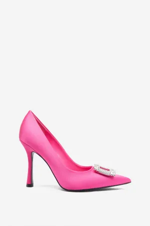 Lawless | Hot Pink Satin Pointed Court Heels With Diamante Brooches