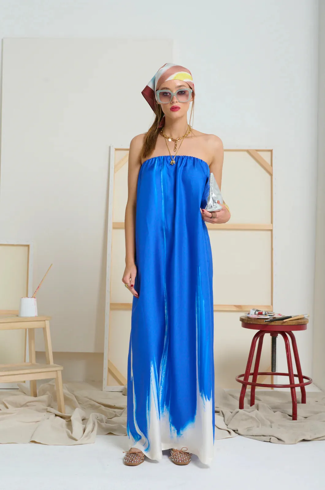 LE SILK ART STRAPLESS DRESS | Yves Klein Blue