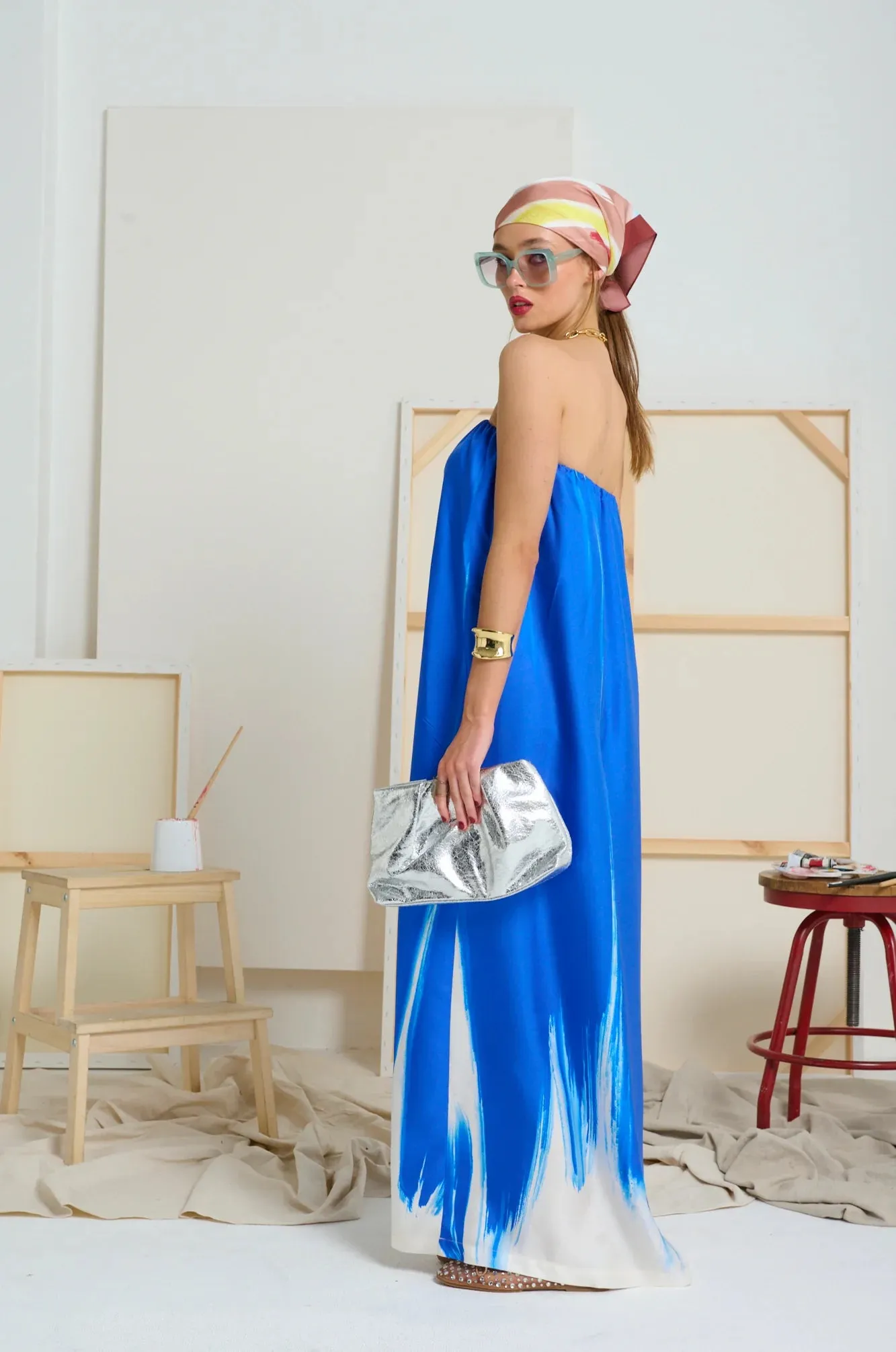 LE SILK ART STRAPLESS DRESS | Yves Klein Blue