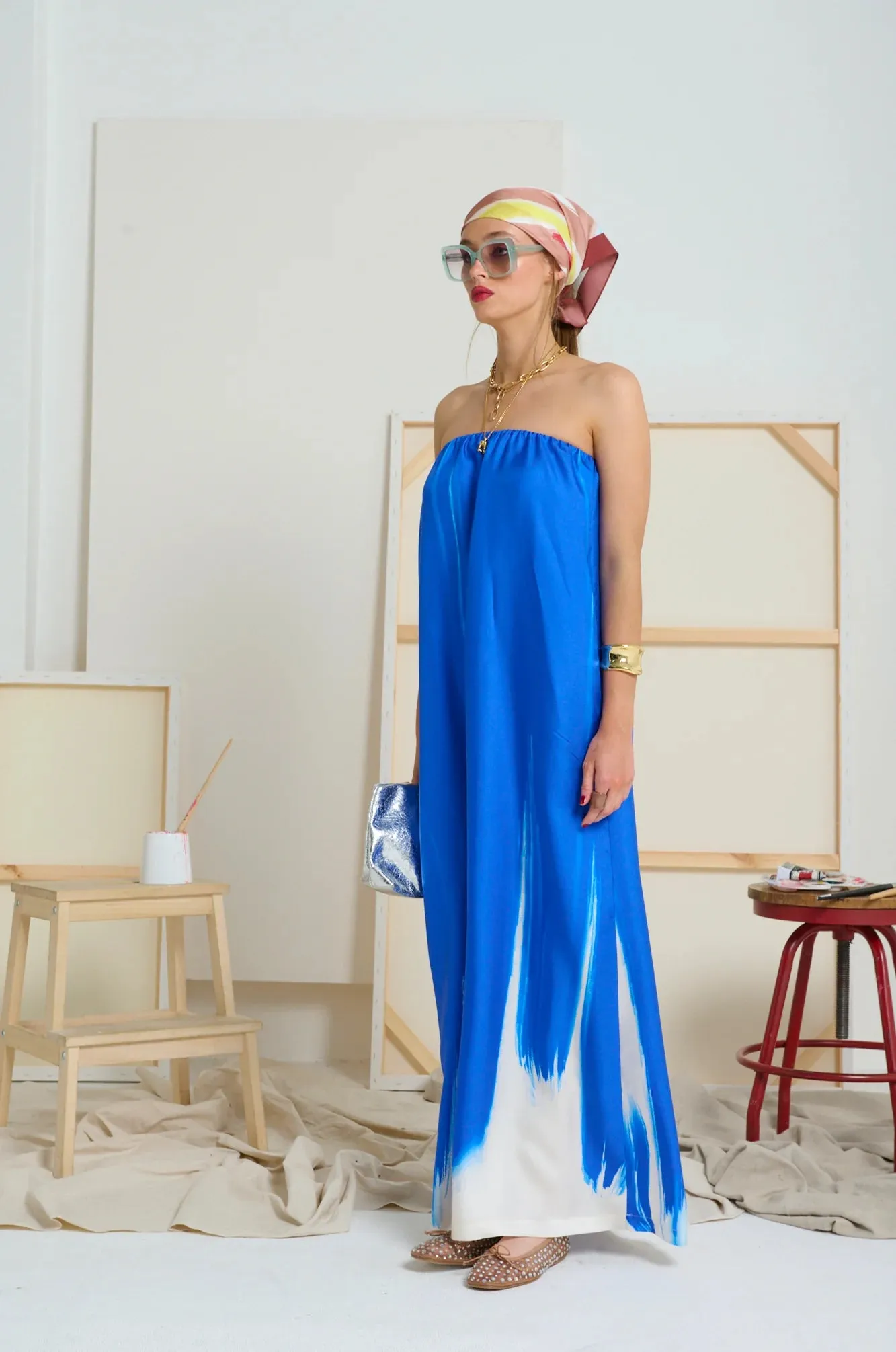 LE SILK ART STRAPLESS DRESS | Yves Klein Blue