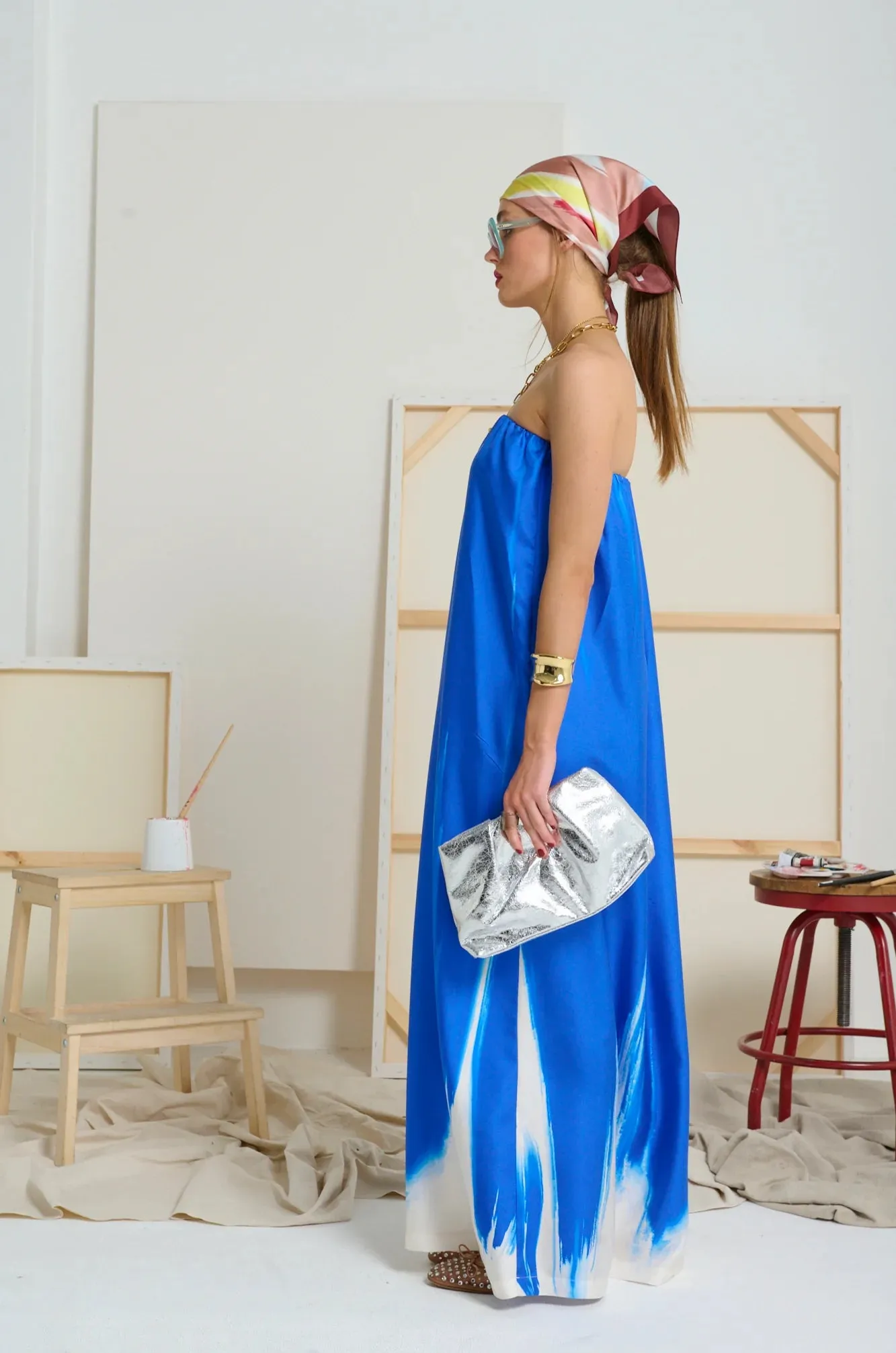 LE SILK ART STRAPLESS DRESS | Yves Klein Blue