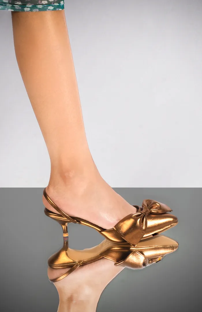 Metallic Bow Kitten Heel Slingbacks