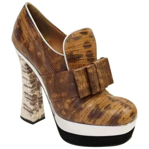 Miu Miu Stamped Snake Skin Leather Bow Platform Booties