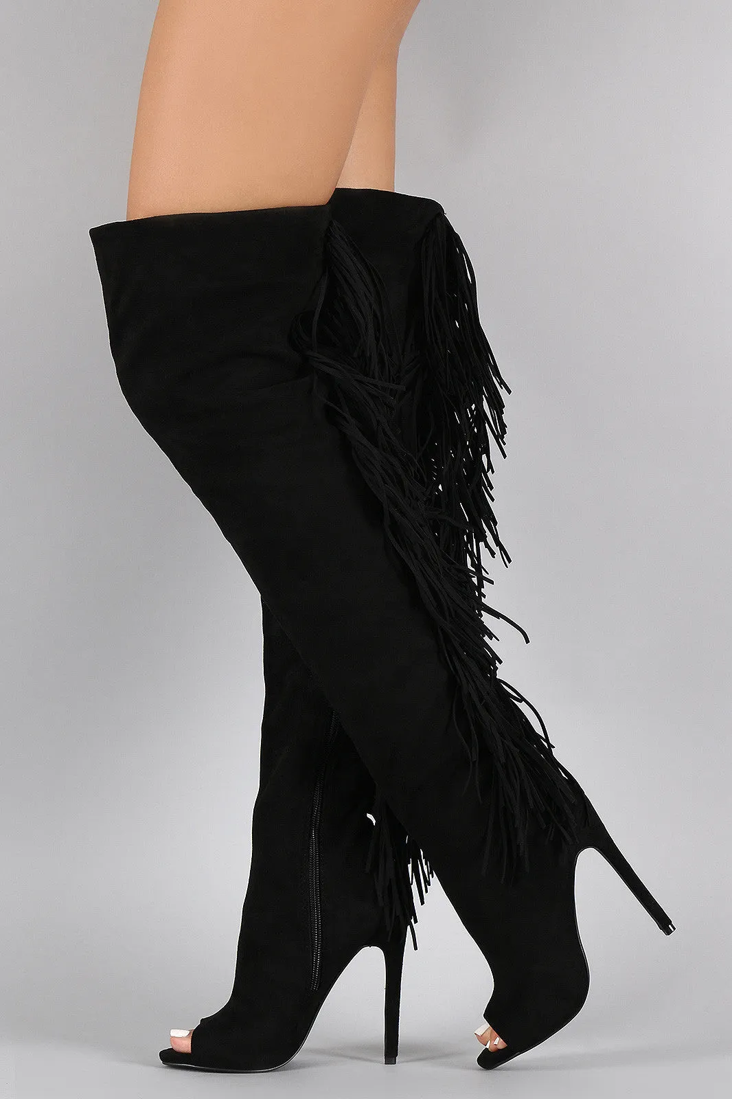 Privileged Suede Fringe Peep Toe Stiletto Thigh High Boot