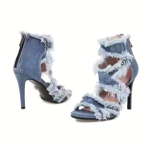 Sleek Denim Peep Toe Stiletto Heels for Women - Ultrahigh, Sexy Cut-out Design, Solid Color, Summer Party Essential