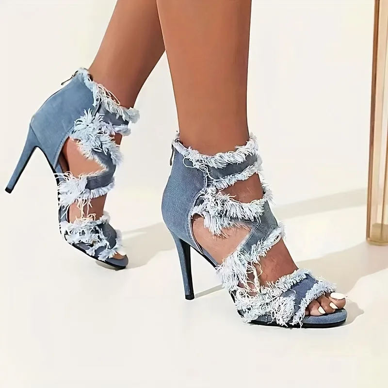 Sleek Denim Peep Toe Stiletto Heels for Women - Ultrahigh, Sexy Cut-out Design, Solid Color, Summer Party Essential