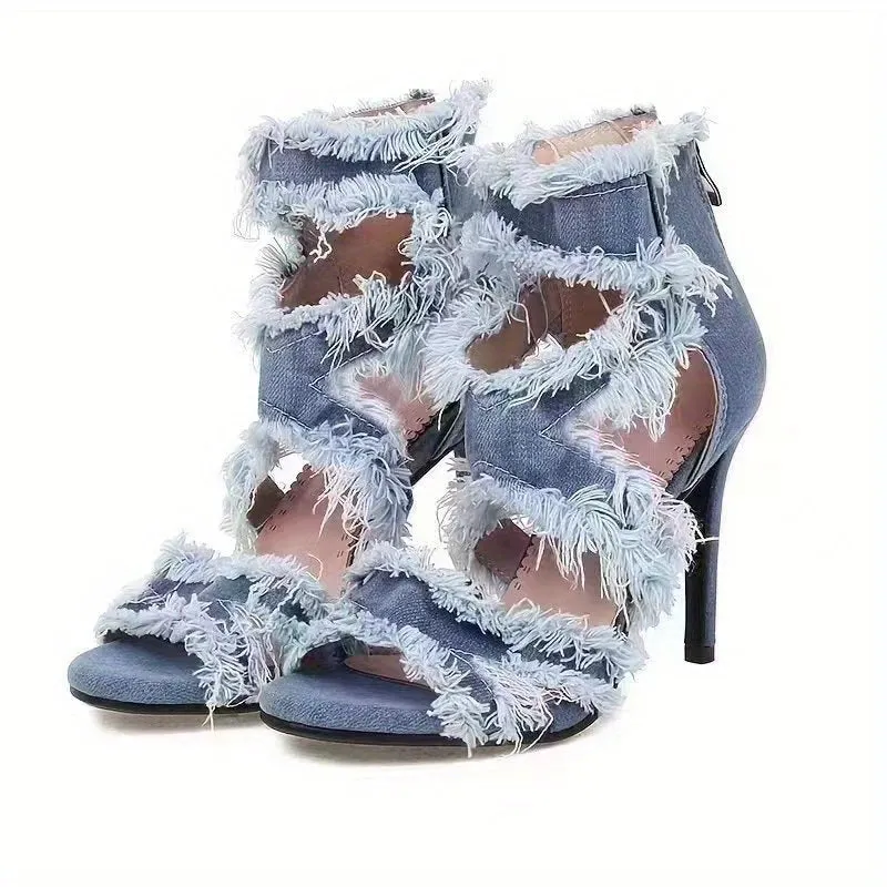 Sleek Denim Peep Toe Stiletto Heels for Women - Ultrahigh, Sexy Cut-out Design, Solid Color, Summer Party Essential