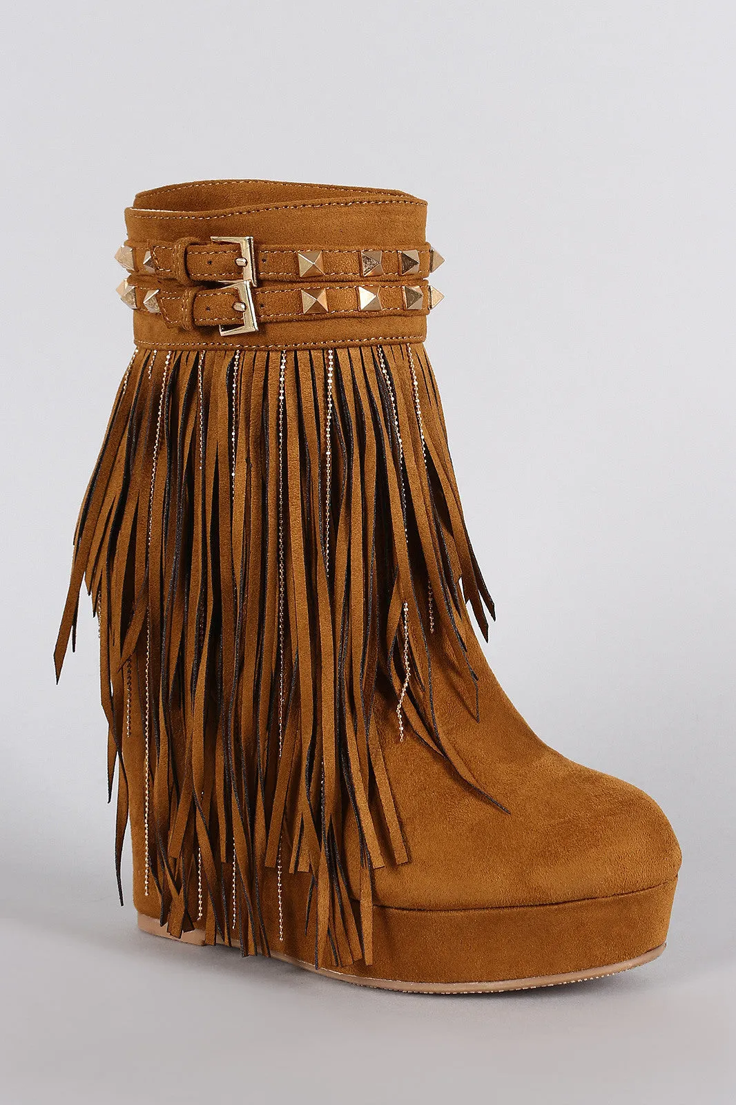 Studded Suede Chain Fringe Platform Wedge Bootie