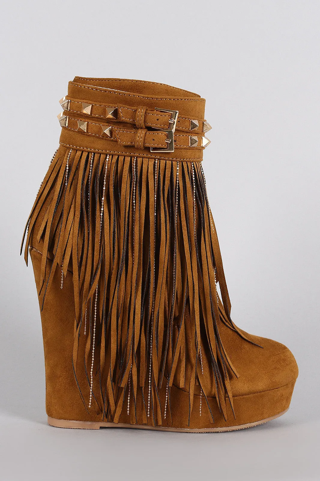 Studded Suede Chain Fringe Platform Wedge Bootie