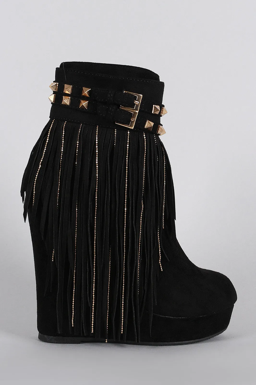 Studded Suede Chain Fringe Platform Wedge Bootie