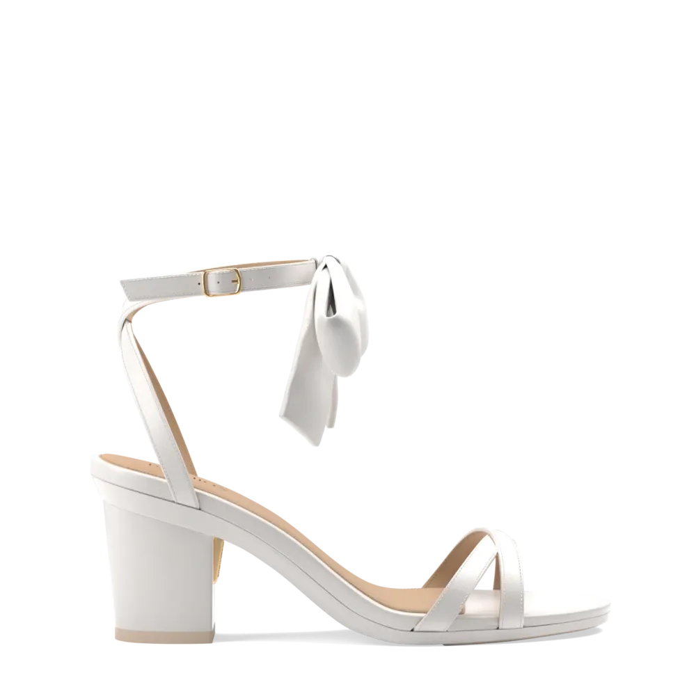 The Brynn White Satin Bow   Block Heel Kit 3 White