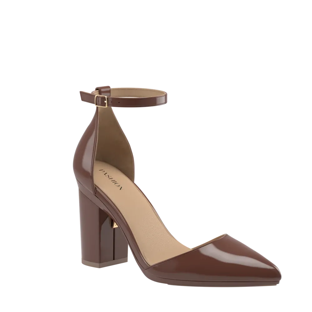 The D'Orsay - Walnut Patent   Block Heel Kit 4 Walnut - FINAL SALE