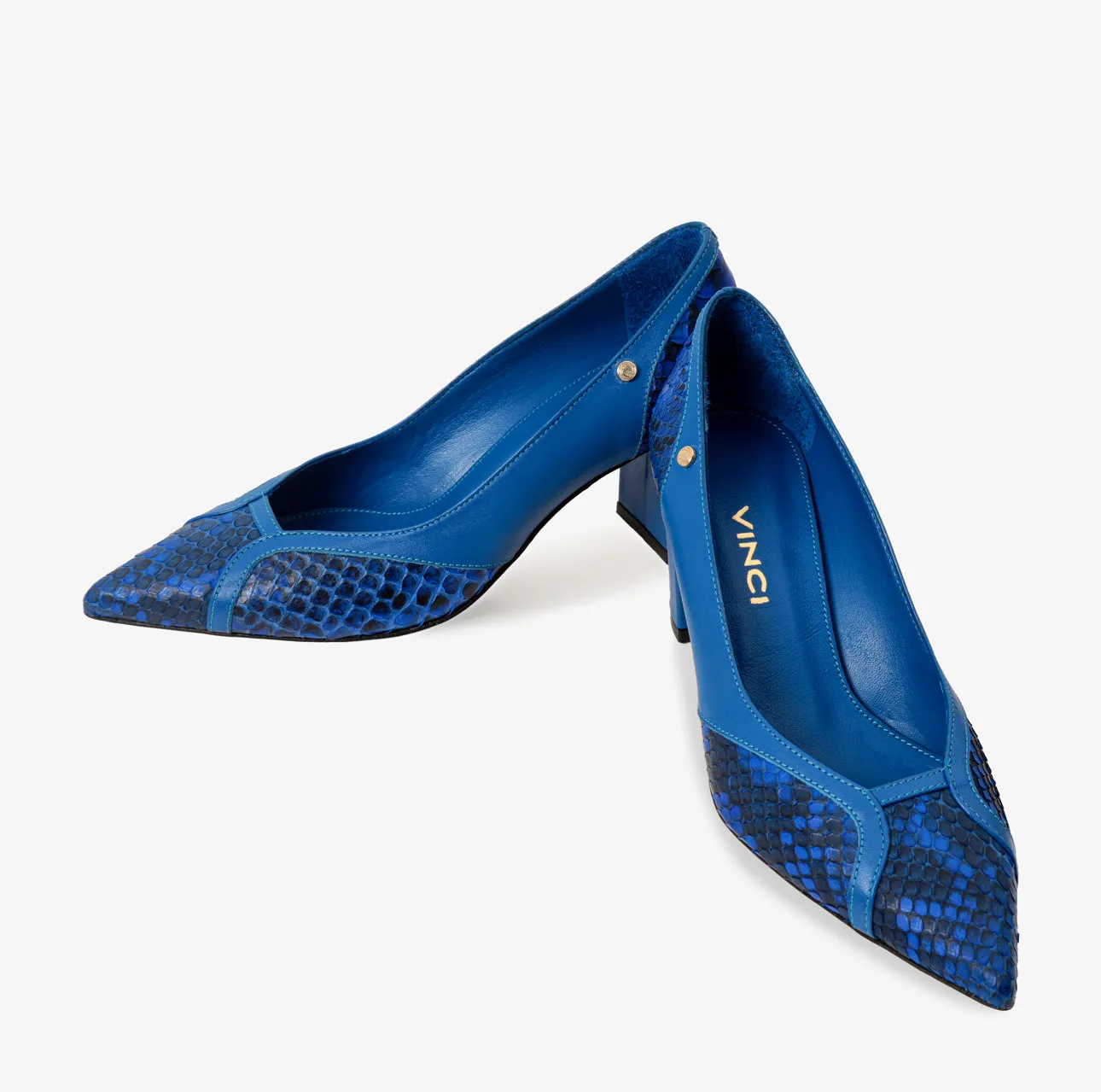 The Toskana Sax Blue Pythn Leather Block Heel Pump Women Shoe