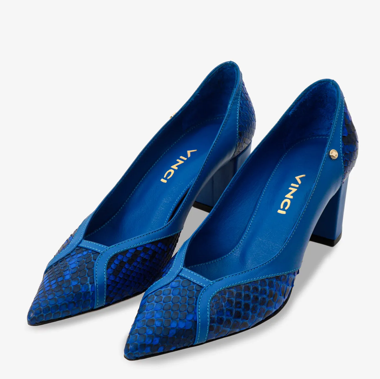 The Toskana Sax Blue Pythn Leather Block Heel Pump Women Shoe