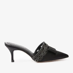 The Volga Black Leather Kitten Heel Pointy Toe Women Sandal