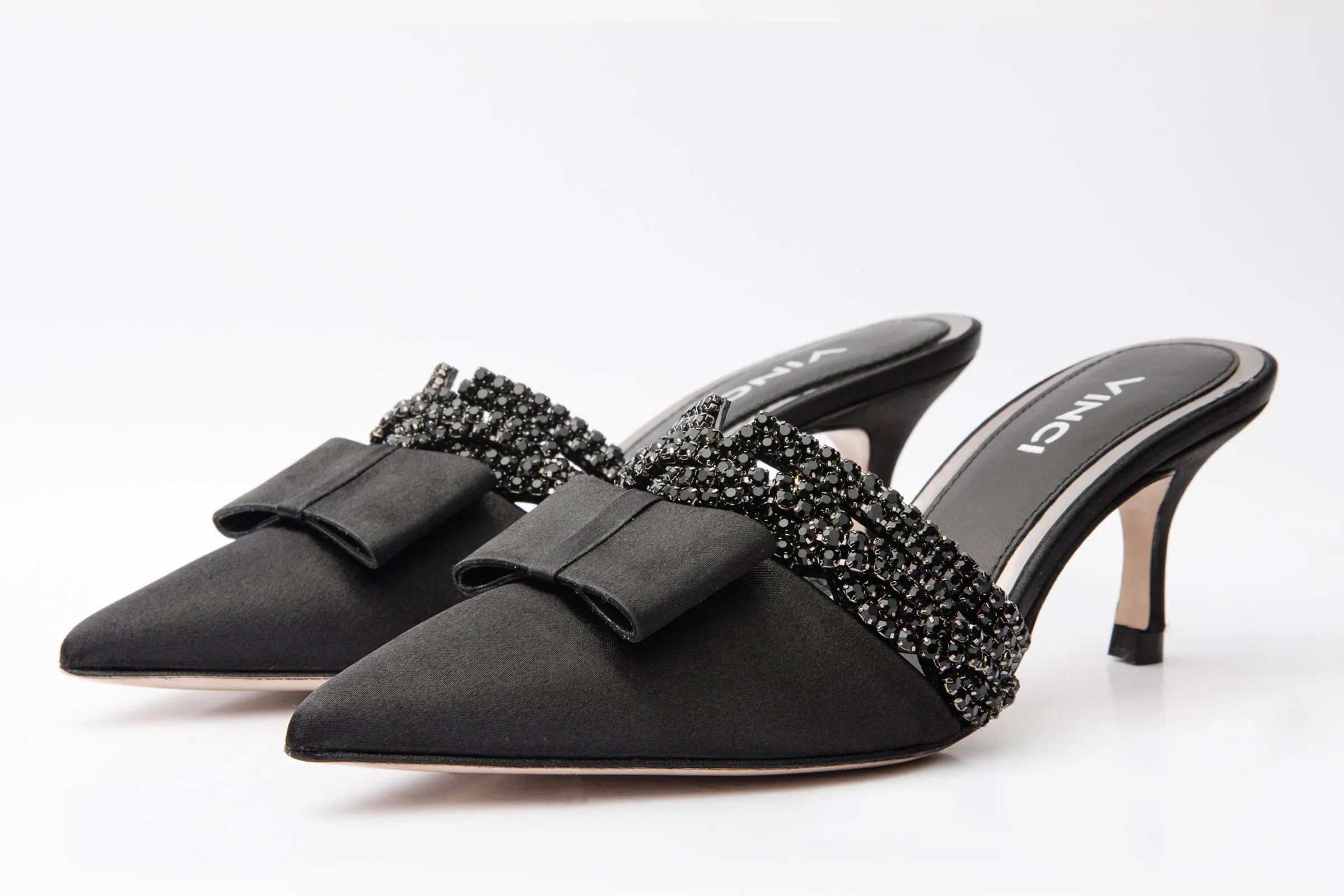 The Volga Black Leather Kitten Heel Pointy Toe Women Sandal