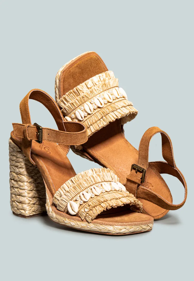 WILLIS Tan Cowrie Raffia Handmade Block Sandal