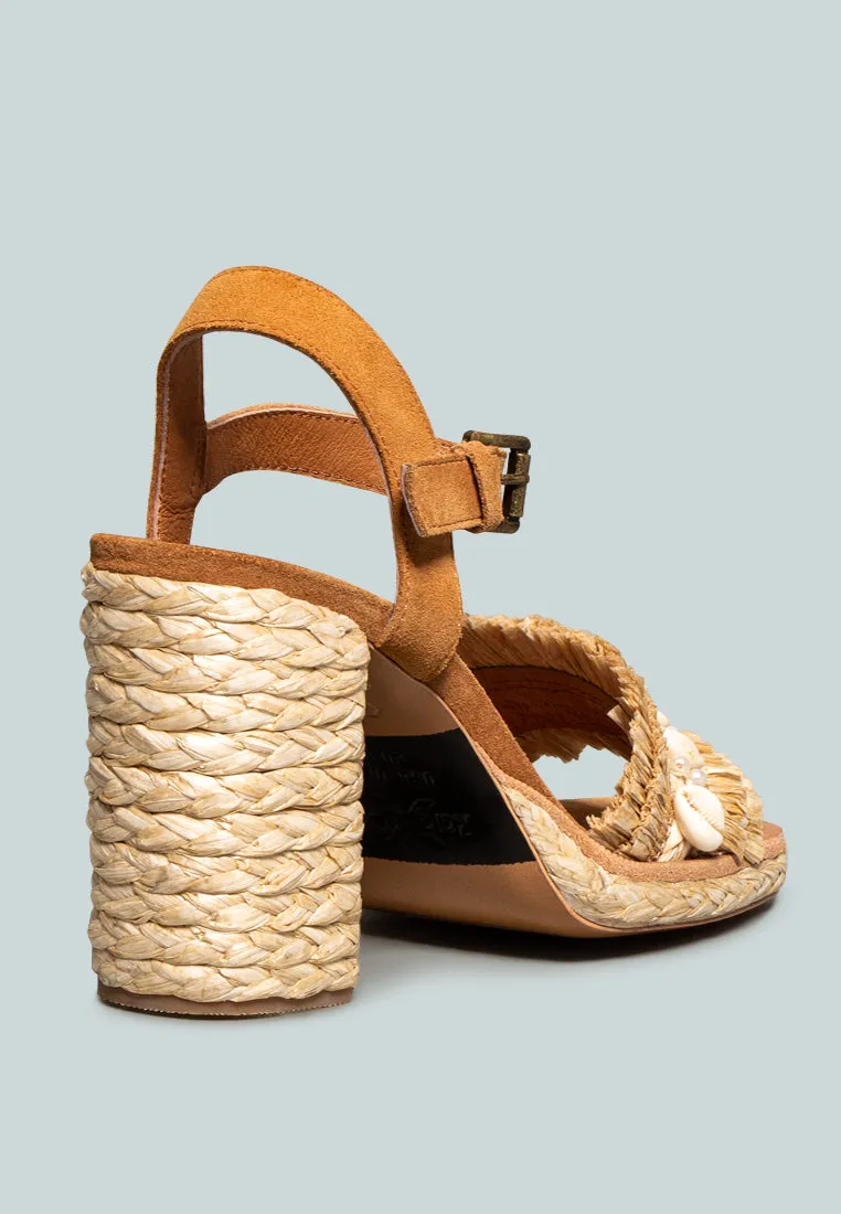 WILLIS Tan Cowrie Raffia Handmade Block Sandal