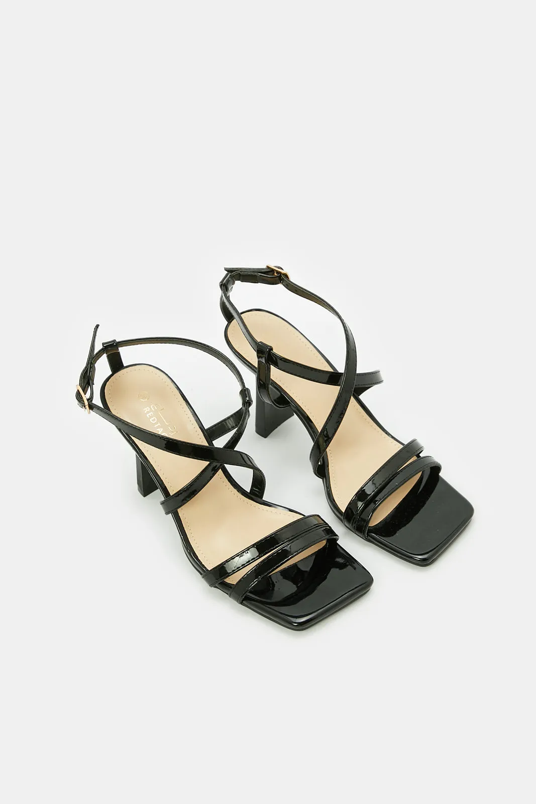 Women Black Strappy Mule With Patent Upper